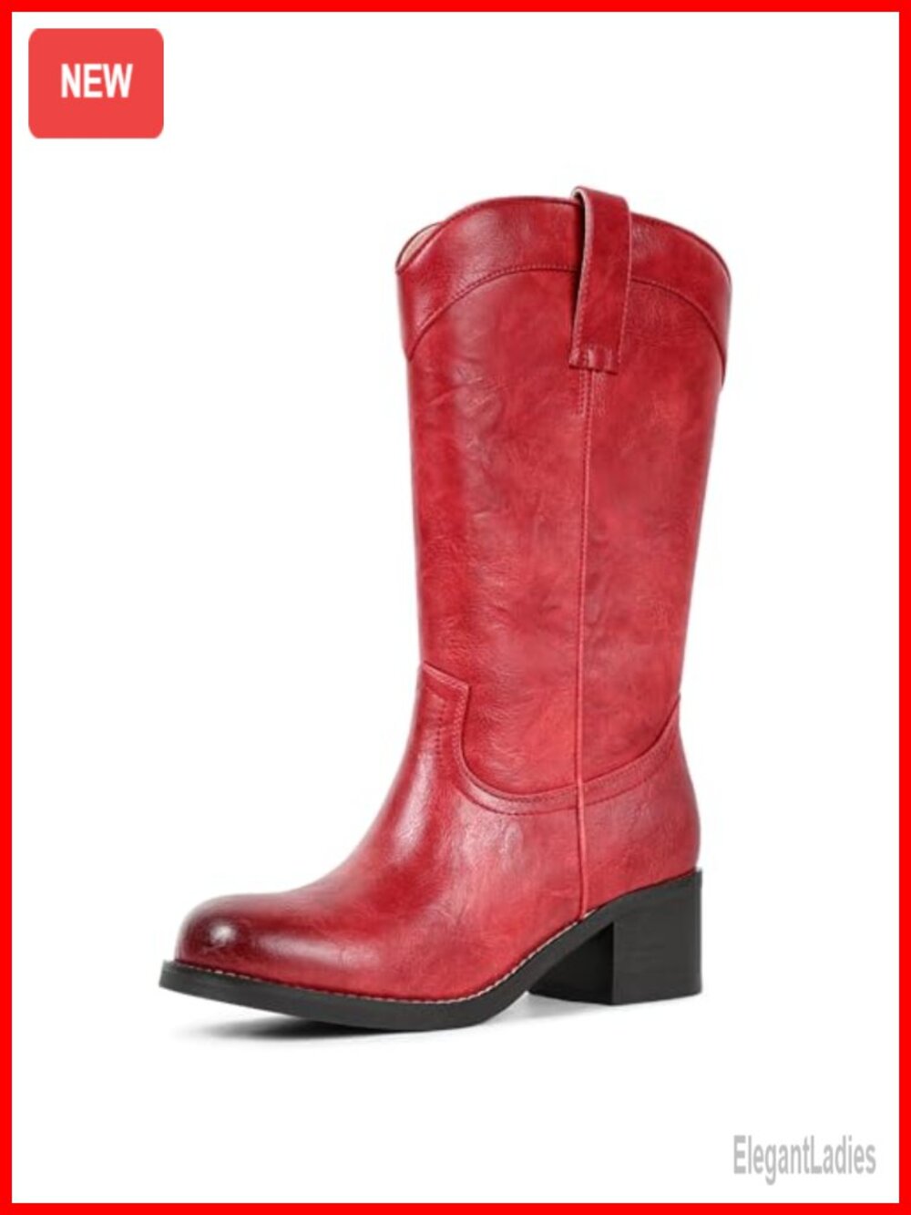 Mid Calf Boots Square Toe Chunky Block Heel Faux Leather Side Zipper